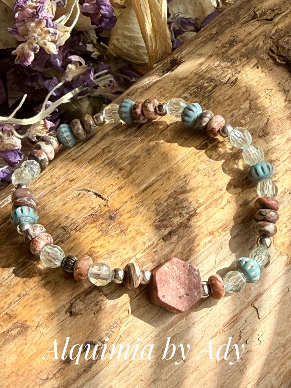 Alquimia rhodonite +  aqua shells Bracelet with silver Accents